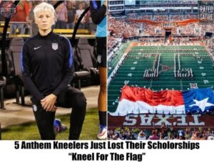 Deservedly so… 5 Anthem kneeler students at University of Texas just lost their scholarships for kneeling, during our National Anthem and United States of America Flag . Love it or leave it!!! Good!!!